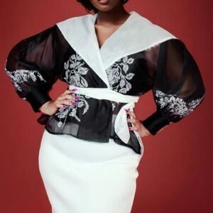 Elegant Sheer Black and White Floral Kimono Style Top